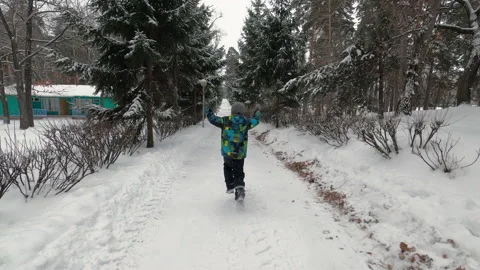 Boy in winter jumping happy snowfall Stock Footage 147447530