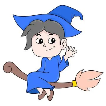 Boy wizard flying on a magic broom, doodle icon image kawaii Stock Illustration