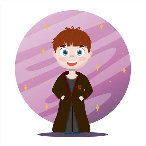 The boy is a wizard in a robe. Vector cartoon illustration. A fairy-tale world Stock Illustration