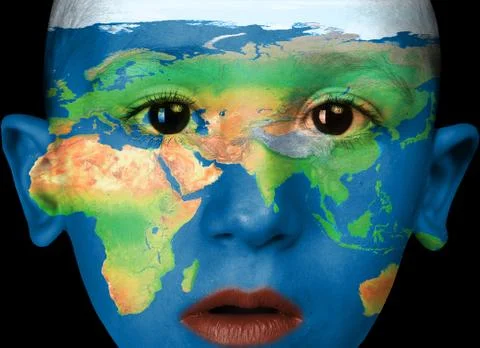 Boy with word map painted on face Stock Illustration