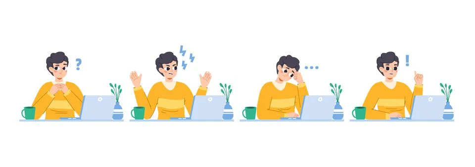 Boy work at computer, problem solution concept. Teenager thoughtful has a doubt Illustrazione stock