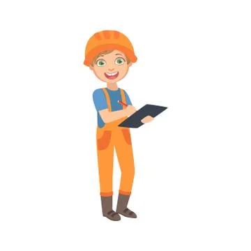 Boy Work Superintendent With The Checklist, Kid Dressed As Builder On The Stock Illustration