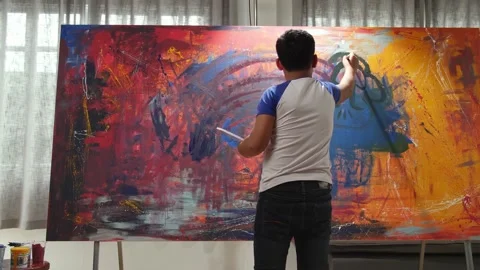Boy Working On Abstract Painting Stock Footage 153635784