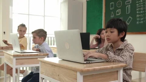 Boy working on his laptop while learning about coding prompt at class. Pedagogy. Stock Footage 277380850