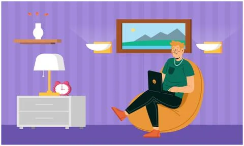 Boy is working on laptop at home Stock Illustration