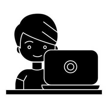Boy working on laptop icon, vector illustration, black sign on isolated Illustrazione stock