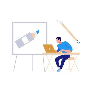 The boy is working on the laptop. Stock Illustration
