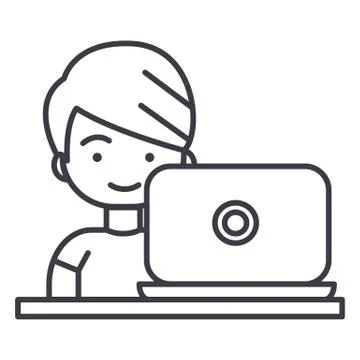 Boy working on laptop vector line icon, sign, illustration on background イラスト素材