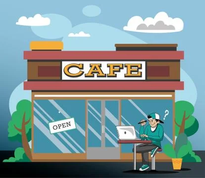 Boy working outside the cafe, surfing internet, studing or blogging with laptop. Stock Illustration