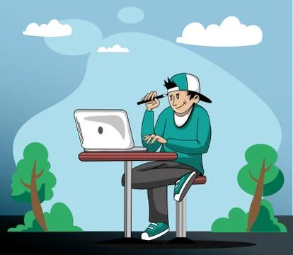 Boy working in park sitting, surfing internet, studing or blogging with laptop Stock Illustration