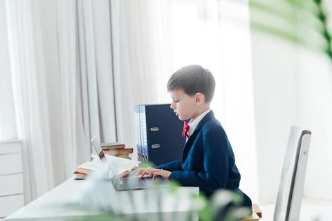 A boy works at a laptop in a computer lab education learning programming Foto stock