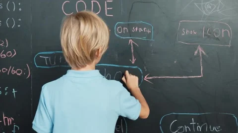 Boy write engineering prompt while turn around and showing a thumb. Erudition. Stock Footage 266176692