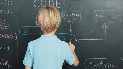 Boy write engineering prompt while turn around and showing a thumb. Erudition. Stock Footage 271117227