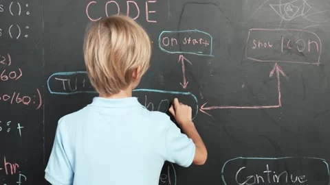 Boy write engineering prompt while turn around and showing a thumb. Erudition. Stock Footage 275012641