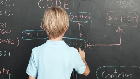 Boy write engineering prompt while turn around and showing a thumb. Erudition. Stock Footage 280796010