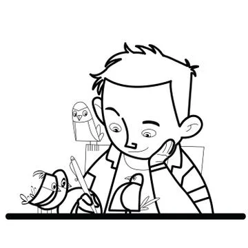 Boy writes bird watching Stock Illustration