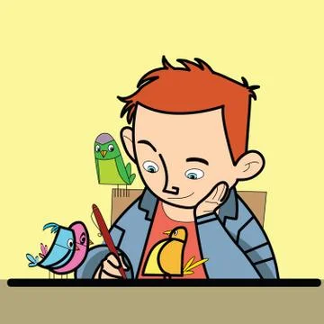 Boy writes bird watching Stock Illustration