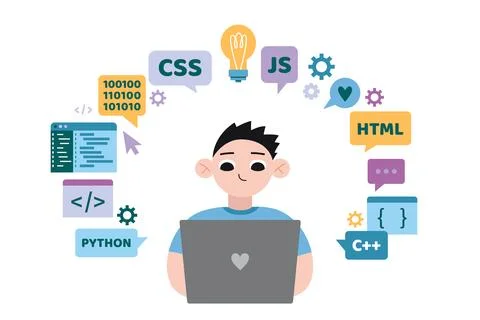 Boy writes code on laptop, programming education for children, cartoon styl.. Stock Illustration