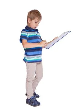 Boy writes in his diary. isolated over white background. Stock Photos