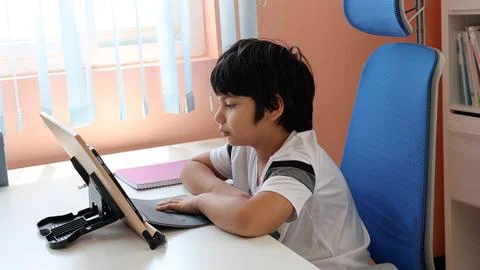 Boy writes in his notebook while following along with his teacher on his laptop Stock Photos