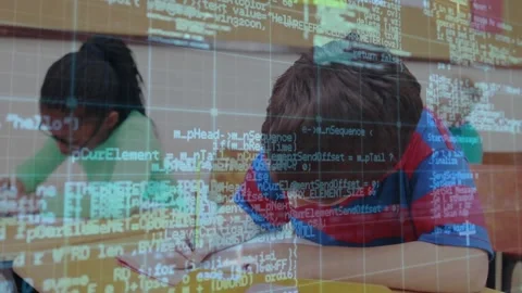 Boy writing in book, noticing camera, pausing and smiling in school with code Stock Footage 329946773