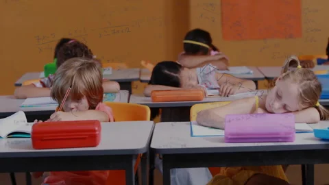 Boy writing in classroom pausing to view poster with chalk equations animating Stock Footage 311226472