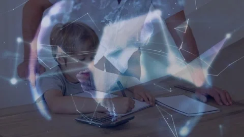 Boy writing at desk summoning network nodes into rotating globe for education Video stock 320128219