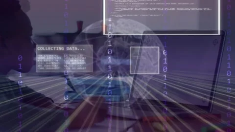 Boy writing at desk while laptop initiating holo globe and data panels over Stock Footage 335782473