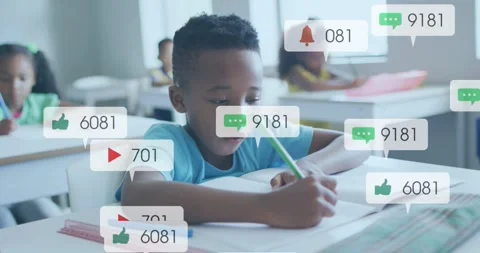 Boy writing green pencil at class frames moving and alerts rising hiding book Stock Footage 330161957