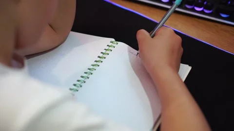 Boy writing homework in a notebook in a square. hand with a ballpoint pen close- Stock Footage 307121752