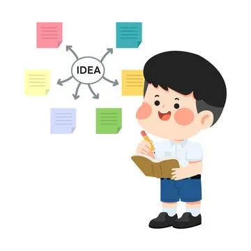 Boy Writing Ideas on Sticky Notes Illustrazione stock