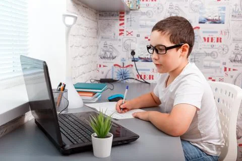 Boy writing in notebook and smiling at camera while doing homework Stock-Fotos