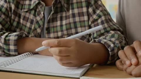 Boy Writing in Notebook Doing Homework with Teenage Brother Stock Footage 342502434