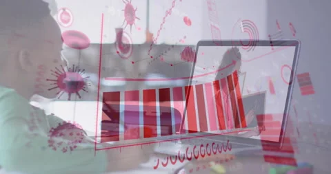 Boy writing notebook generating virus icons floating and 3D chart growing during Stock Footage 313639170