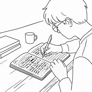 Boy writing in notebook with glasses on, line art illustration Silhouette Иллюстрация