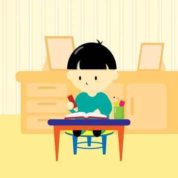 A boy is writing on the table Stock Illustration