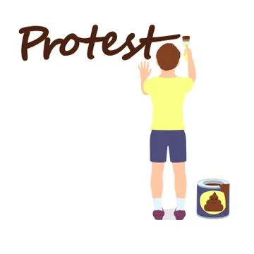 A boy is writing the word “protest” on the wall with shit. Stock Illustration