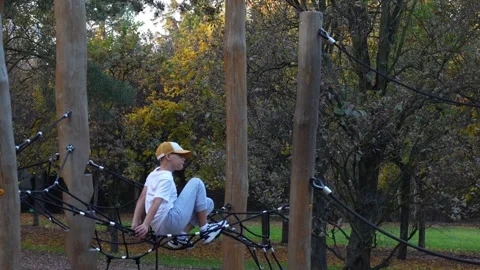 Boy in yellow cap balancing on rope climbing structure in forest park Stock Footage 303927920
