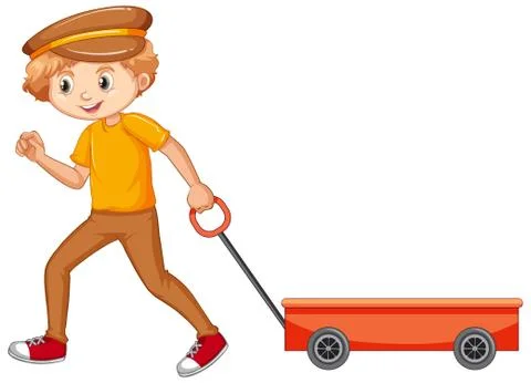 Boy in yellow shirt pulling wagon Stock Illustration
