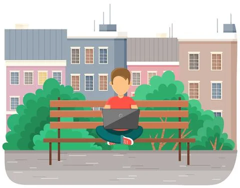 Boy in yoga pose siting on the bench in park with laptop, works in nature Ilustración de archivo