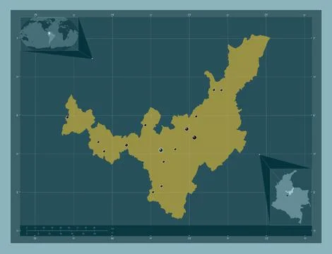 Boyaca, Colombia. Solid color shape. Locations of major cities of the region Stock Illustration