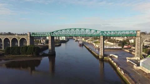 Boyne Viaduct Drogheda Track Over Bridge With Rise And Reveal of Town Stock Footage 170937787