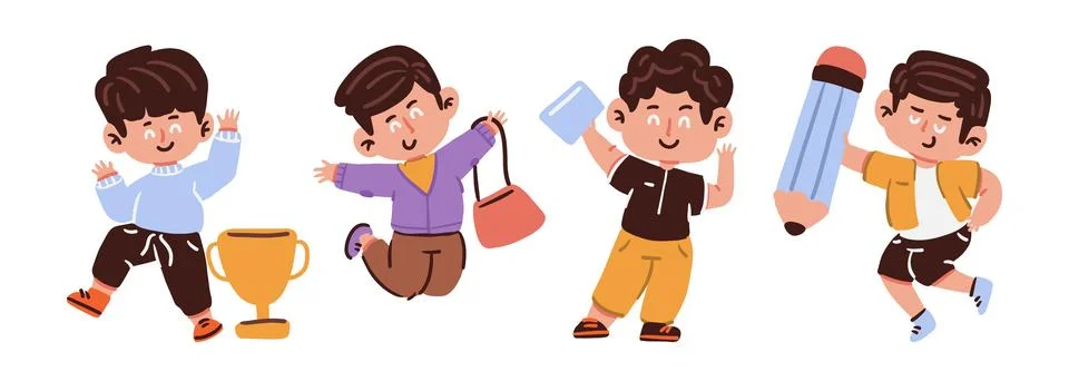 Boys and educational concept . Set of cute cartoon characters . Hand drawn .. Stock Illustration