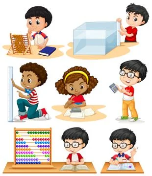 Boys and girl doing math problems イラスト素材