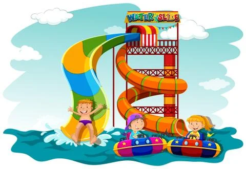 Boys and girl riding down the water slide Stock Illustration