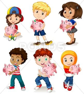 Boys and girls holding piggy bank Stock Illustration
