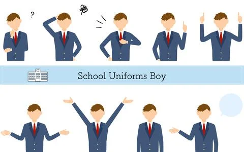 Boys, blazer uniform pose set,Questioning, worrying, undertaking, pointing, etc. Stock Illustration