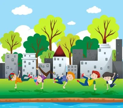 Boys break dancing in park Stock Illustration