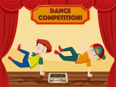 Boys break dancing on stage Stock Illustration