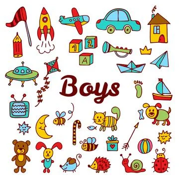 Boys design elements. Cute hand drawn boys collection of toys Stock Illustration